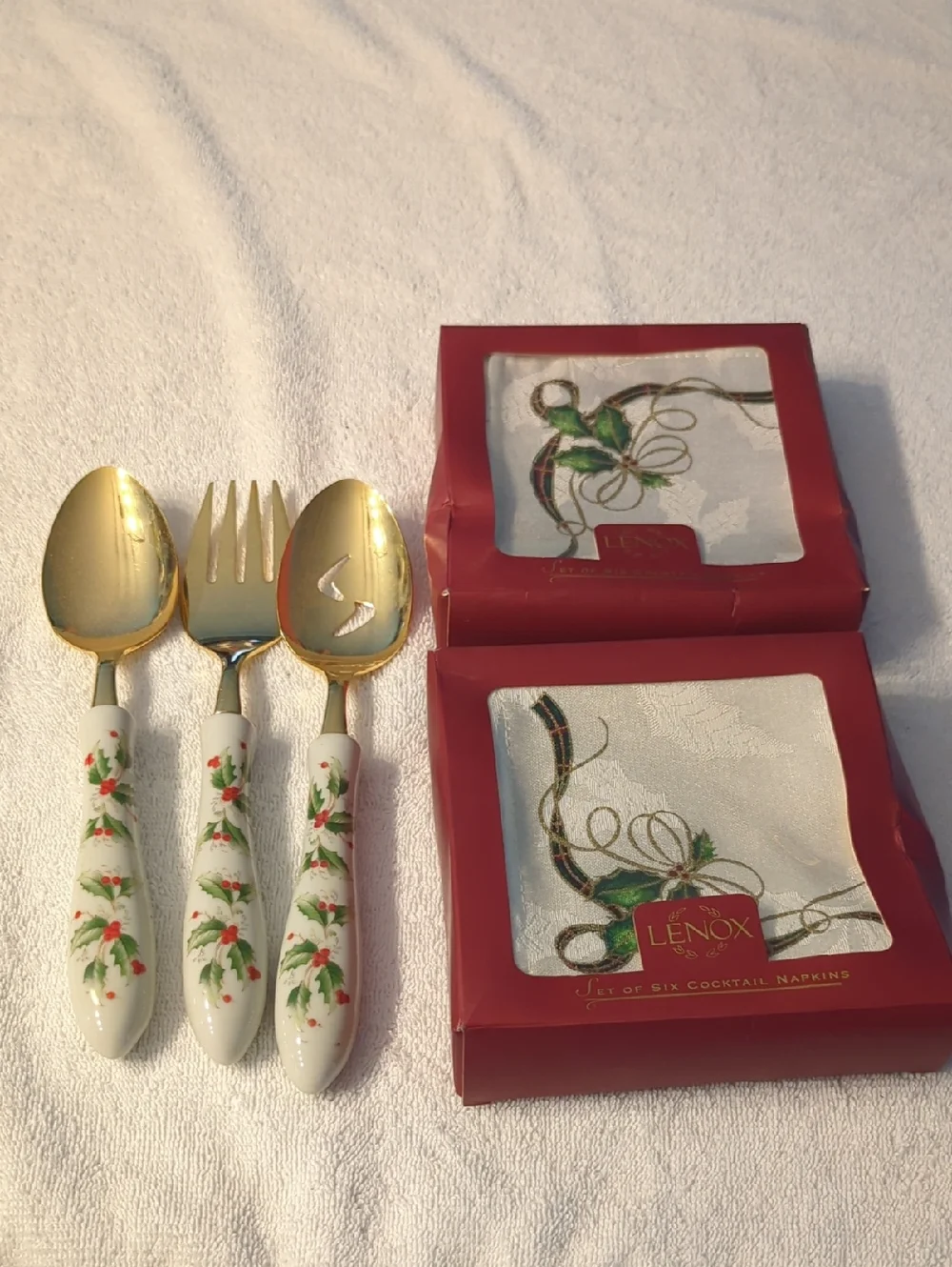 Lenox White and Gold Holiday Holly Serving Spoon & Fork Set